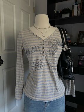 Striped Long-Sleeve Henley Top in Cream and Light Blue